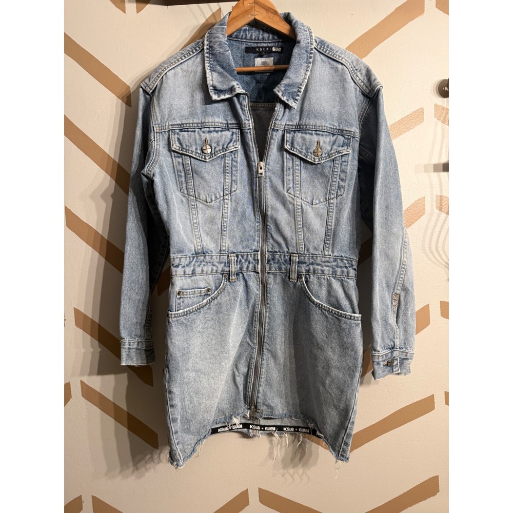 Ksubi Domino Dress Women Size L Blue Denim Zip Front Long Sleeve Mini Raw Hem